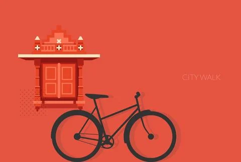 Jharokha - Window Elements with Bicycle against red wall - Stock Illustration Stock Illustration