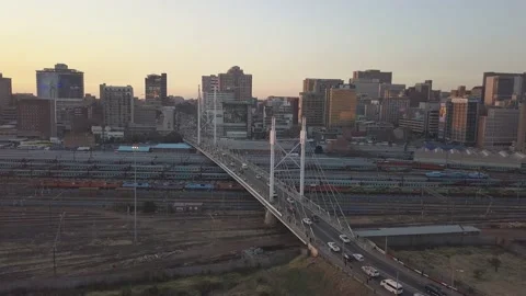 JHB City Aerial of Nelson Mandela bridge from old train station. Stock Footage