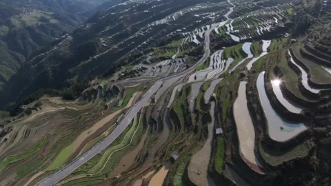 Jiabang Terraced Fields Rural Scenery in Qiandongnan, Guizhou China Stock Footage 307581346