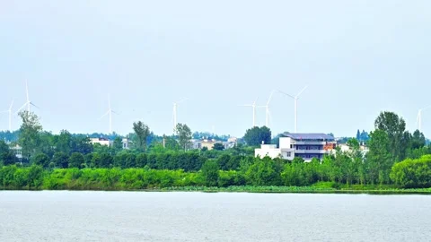 Jianghan Plain Wind Energy and Ecological Barrier Vídeos de archivo 340442865