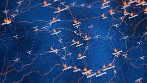 Jianmen map big data visualization. Futuristic map infographic of city in China Stock Illustration