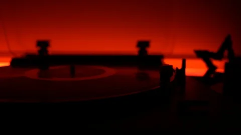 Jib Up Reveal Backlit Record Player Turntable on Table Playing Album Stock Footage 97031647