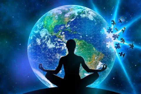 Jigsaw Earth Disintegration in Space Stockfoto's