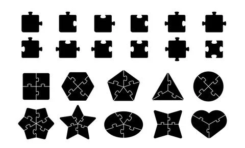 Jigsaw elements. Puzzle shapes template, black pieces for game or hand made 스톡 일러스트