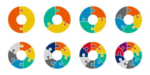 Jigsaw Infographic pie chart set. Cycle collection 2,3,4,5,6,7 and 8 section  Stock Illustration