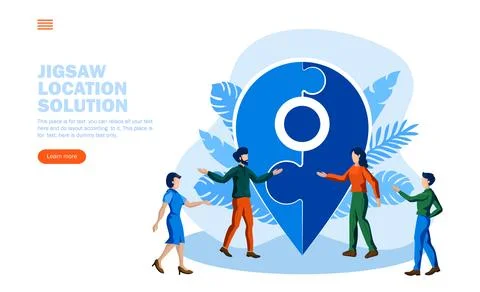 Jigsaw location solution with team discussion and strategy concept vector i.. Illustrazione stock