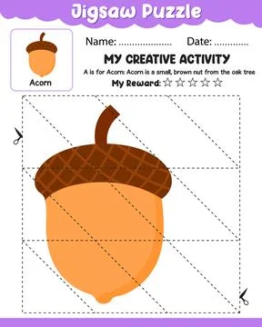 Jigsaw Puzzle Acorn with Reference Cut and Paste Activity Sheet with Name, .. Stock Illustration