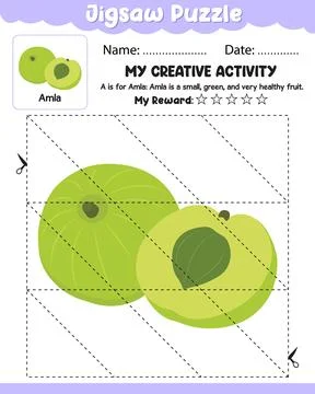 Jigsaw Puzzle Amla with Reference Cut and Paste Activity Sheet with Name, D.. Stock Illustration