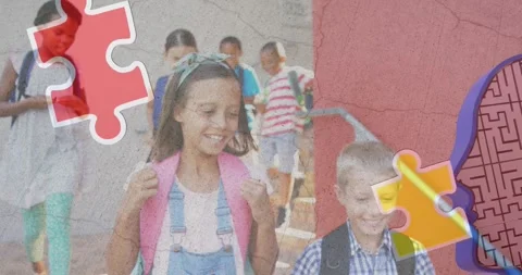Jigsaw puzzle and human head icon over diverse group of students walking down Stock Footage 326096519