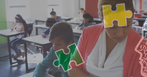 Jigsaw puzzle and human head icon against caucasian female teacher reading a Stock Footage 327273347