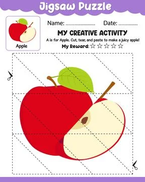 Jigsaw Puzzle Apple with Reference Cut and Paste Activity Sheet with Name D.. Stock Illustration