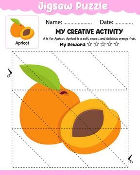 Jigsaw Puzzle Apricot with Reference Cut and Paste Activity Sheet with Name.. Stock Illustration