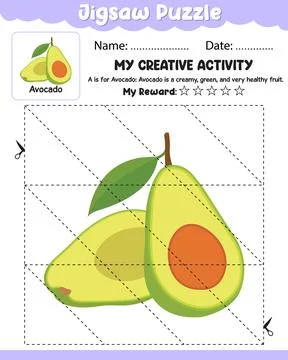 Jigsaw Puzzle Avocado with Reference Cut and Paste Activity Sheet with Name.. Stock-Illustration