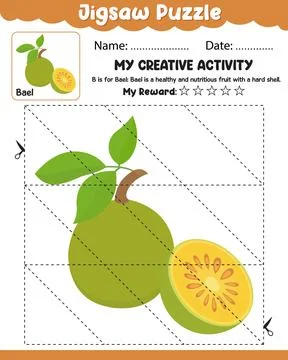 Jigsaw Puzzle Bael with Reference Cut and Paste Activity Sheet with Name, D.. Stock-Illustration