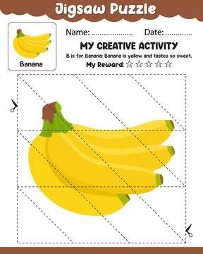 Jigsaw Puzzle: Banana with Reference Cut and Paste Activity Sheet with Name.. Stock Illustration