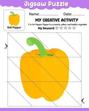 Jigsaw Puzzle Bell Pepper with Reference Cut and Paste Activity Sheet with .. Stock Illustration