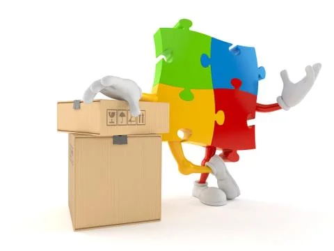 Jigsaw puzzle character with stack of boxes Illustrazione stock