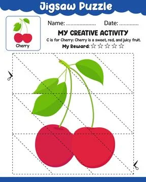Jigsaw Puzzle: Cherry with Reference Cut and Paste Activity Sheet with Name.. Stock Illustration