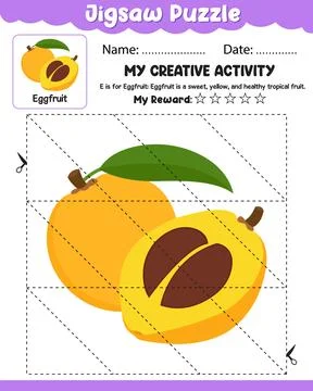 Jigsaw Puzzle Eggfruit with Reference Cut and Paste Activity Sheet with Nam.. Stock Illustration