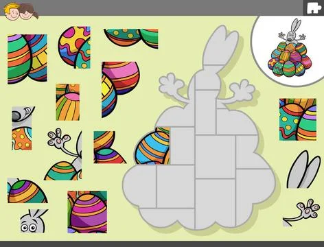 Jigsaw puzzle game with Easter bunny and eggs Cartoon Illustration of Educ... 写真素材