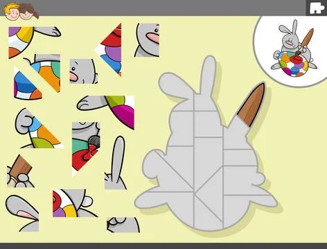 Jigsaw puzzle game with Easter bunny character Cartoon illustration of edu... 写真素材