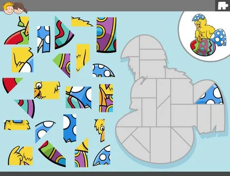 Jigsaw puzzle game with Easter chick character Cartoon illustration of edu... 写真素材
