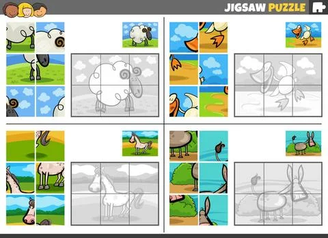 Jigsaw puzzle game set with comic farm animals Cartoon illustration of edu... Stock Photos