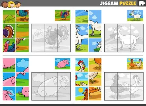 Jigsaw puzzle game set with comic farm animals Cartoon illustration of edu... Stock Photos