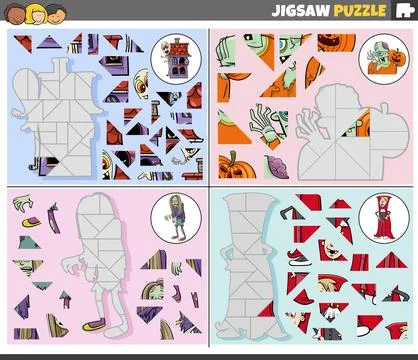 Jigsaw puzzle games set with cartoon fantasy characters 스톡 일러스트