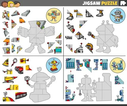 Jigsaw puzzle games set with funny cartoon robots 스톡 일러스트