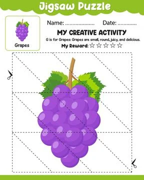 Jigsaw Puzzle Grapes with Reference Cut and Paste Activity Sheet with Name,.. Stock Illustration