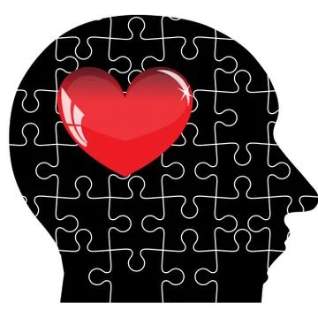 Jigsaw puzzle of human head with red heart. vector illustration. Illustrazione stock