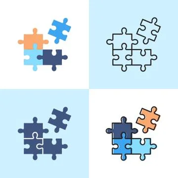 Jigsaw puzzle icon set in flat and line styles Stock Illustration