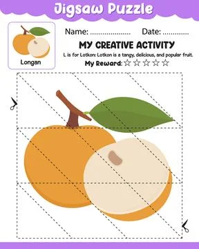 Jigsaw Puzzle Longan with Reference Cut and Paste Activity Sheet with Name,.. Stock Illustration