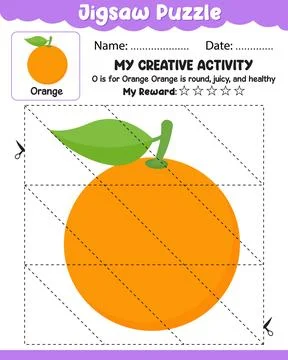 Jigsaw Puzzle Orange with Reference Cut and Paste Activity Sheet with Name,.. Stock-Illustration