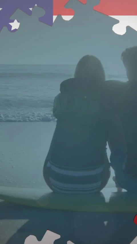Jigsaw puzzle over american flag against rear view of couple sitting on the Vídeo Stock 341658221