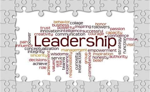 Jigsaw puzzle reveal wordcloud of Leadership and its related words Stock Illustration