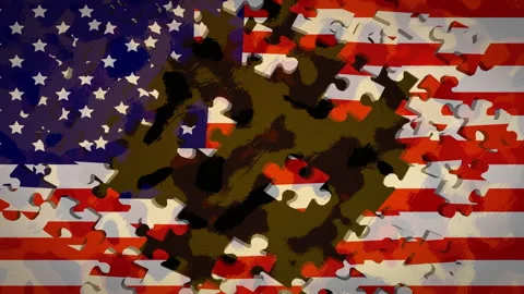 Jigsaw puzzle revealing camouflage pattern against US flag Video stock 136858614