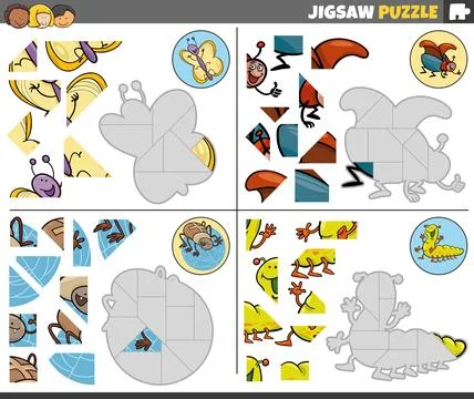 Jigsaw puzzle task with cartoon insects characters Illustrazione stock