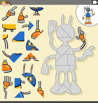 Jigsaw puzzle task with cartoon robot character 库存插图