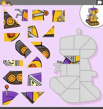 Jigsaw puzzle task with comic robot character Cartoon illustration of educ... Stock Photos