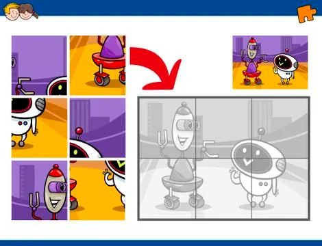 Jigsaw puzzle task with robots Stock Illustration