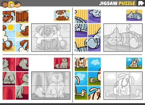 Jigsaw puzzle task set with cartoon pet animals イラスト素材