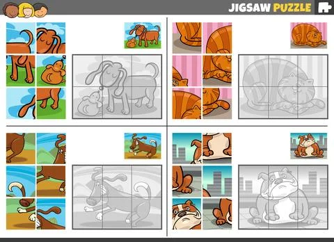 Jigsaw puzzle task set with cartoon pets Illustrazione stock