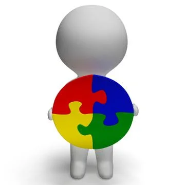 Jigsaw solution and 3d character shows solution or wholeness Illustrazione stock