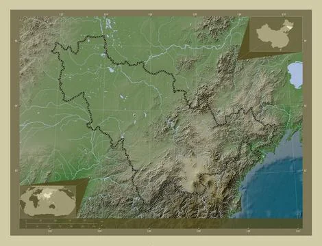 Jilin, China. Elevation map colored in wiki style with lakes and rivers Illustrazione stock