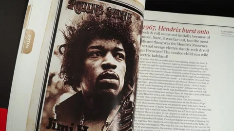 Jimi Hendrix, in the Rolling Stone book 50 Years of Covers Stock Footage 237474811