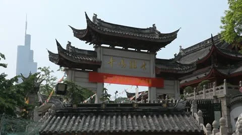 Jiming Temple Oriental Chinese Gate Establishing Shot Zifeng Tower Nanjing China Stock Footage