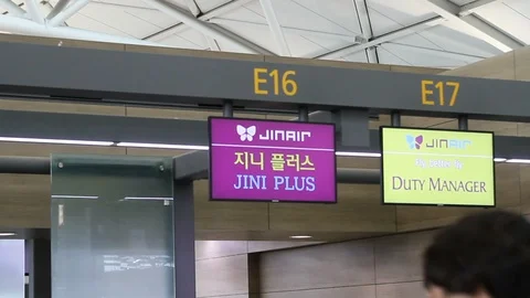 Jin Air Jin Plus Check-In Counter - Incheon Airport Stock Footage 89302193