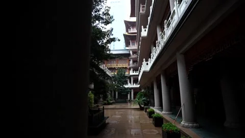 Jingan Temple courtyard in rain, empty Stock Footage 319990925